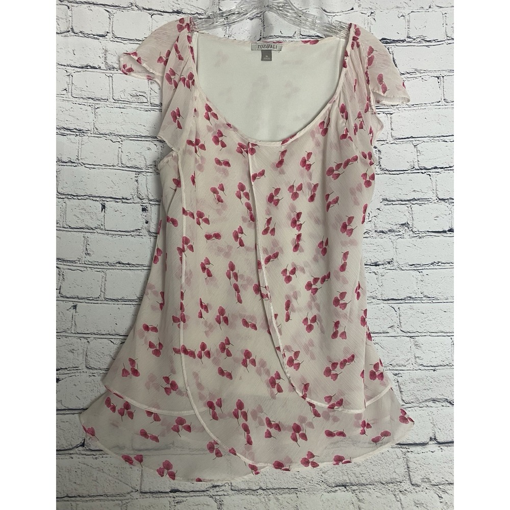 Roz & Ali Floral Chiffon Layered Swing Blouse ‎ Cherry Blossom XL Coquette Fairy